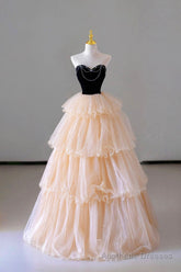 Champagne Sweetheart Tulle Layers Long Party Dress, Strapless A-Line Prom Dress